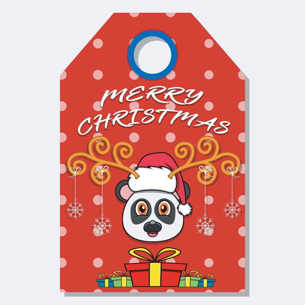 Frohe Weihnachten, Frohes neues Jahr, handgezeichnetes Label-Tag mit süßem Panda-Kopf-Charakter-Design. vektor