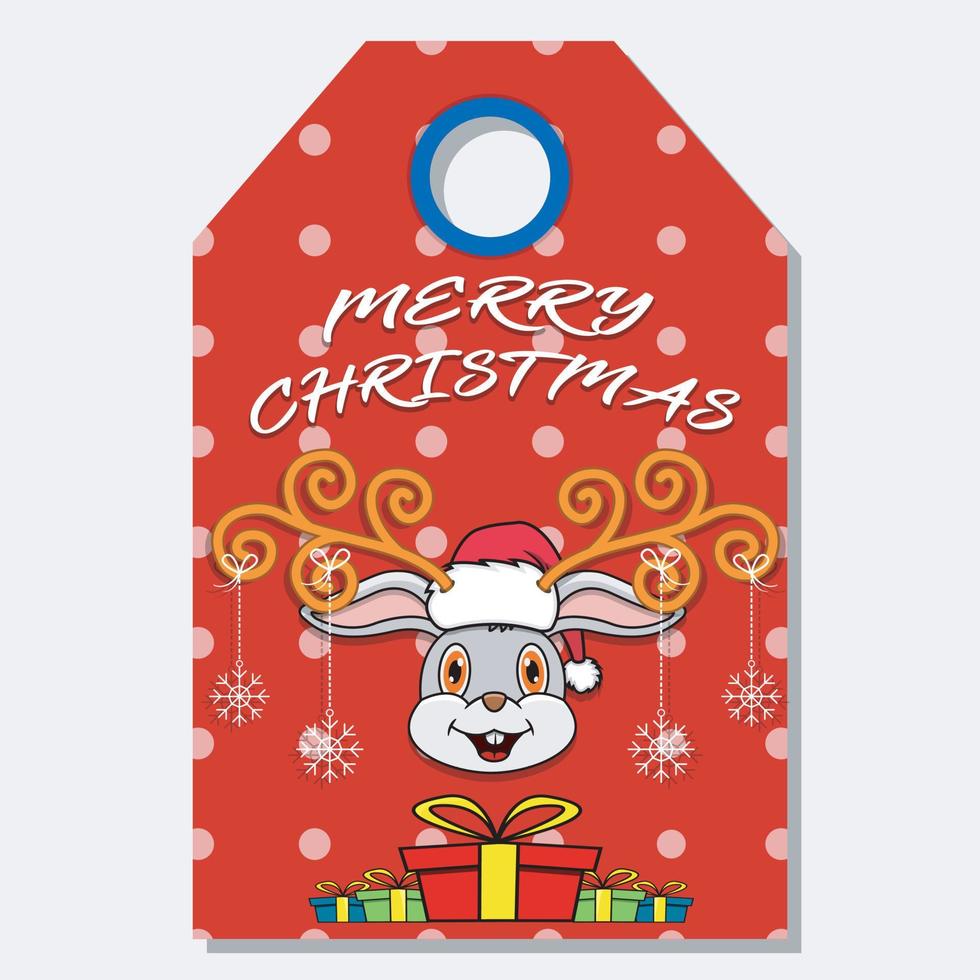 Frohe Weihnachten, Frohes neues Jahr, handgezeichnetes Label-Tag mit süßem Kaninchenkopf-Charakterdesign. vektor