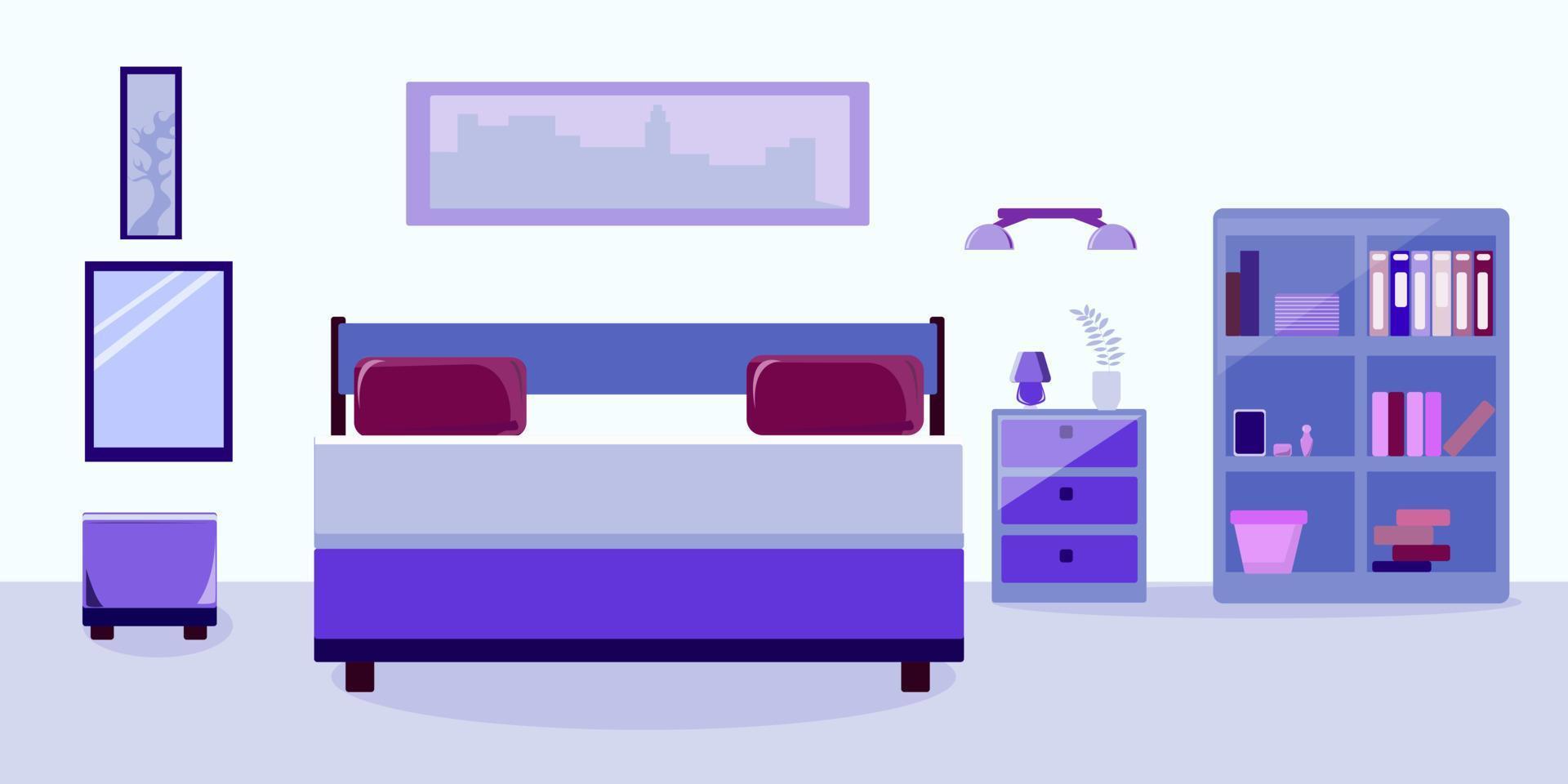 Schlafzimmereinrichtung mit Bettspiegel und Kommode vektor