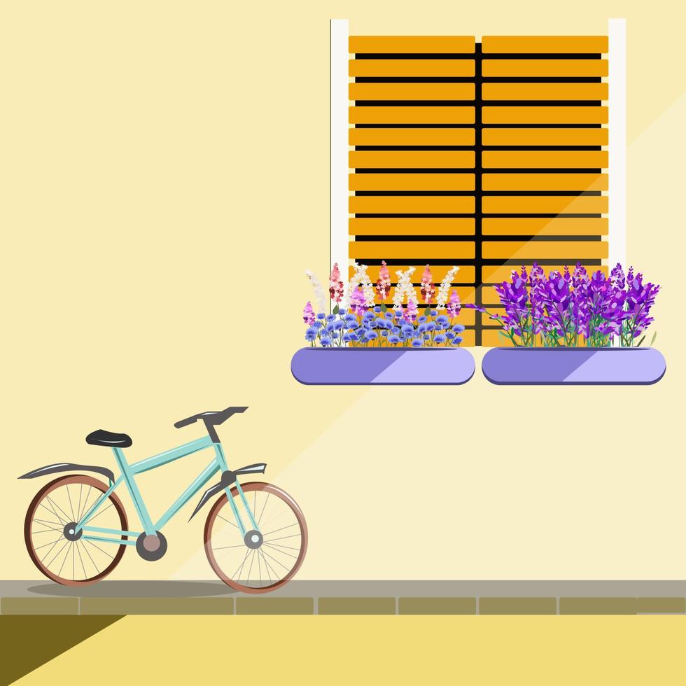 cykeln står nära en vägg och ett stängt fönster vektor