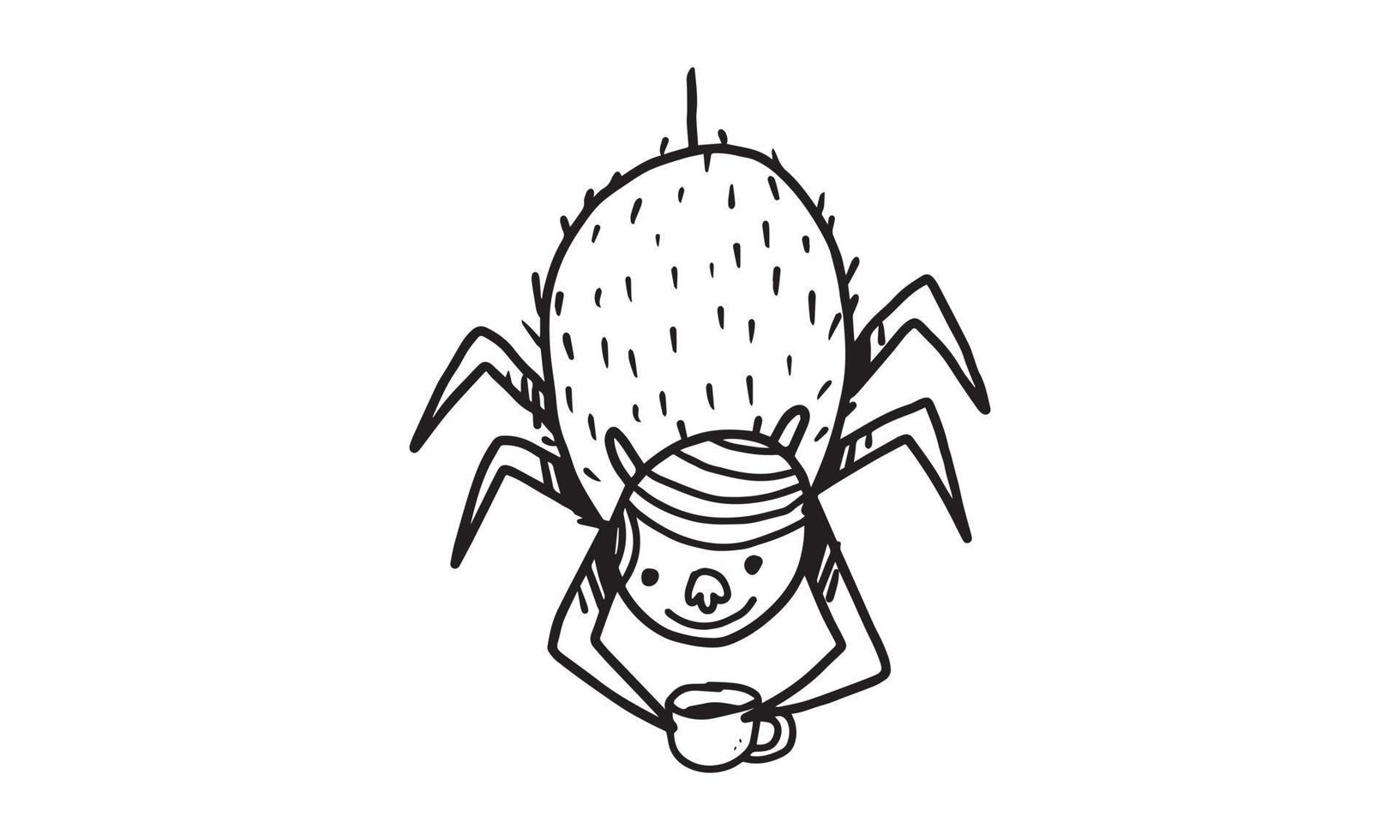 en söt giftig spindelspökefantasi dinglande på väggen. en rolig smiley insekt som håller en kopp. färglös ikon isolerad på vit bakgrund. doodle vektor design.