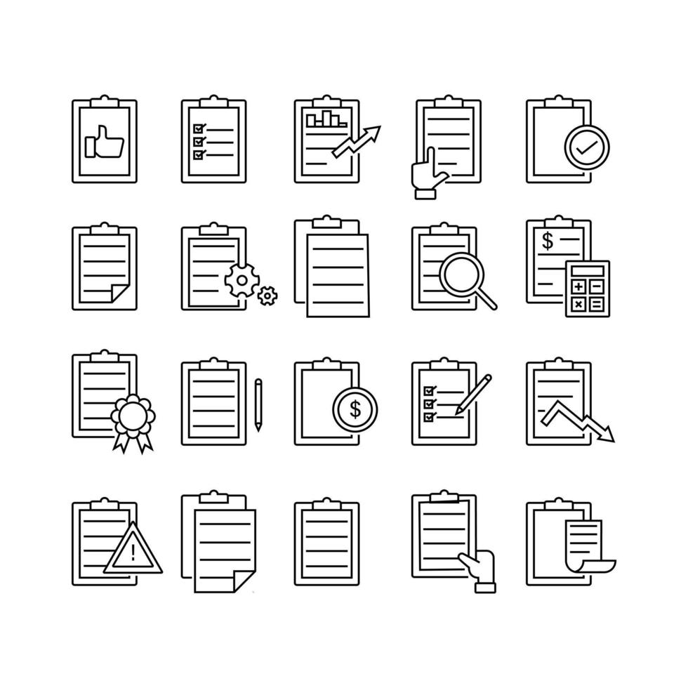 Satz von Zwischenablage-Symbolen auf weißem Hintergrund. einfache bearbeitbare Strichliniensymbolillustrationen, die sich auf die Dokumentaufzeichnung im Geschäft beziehen. vektor