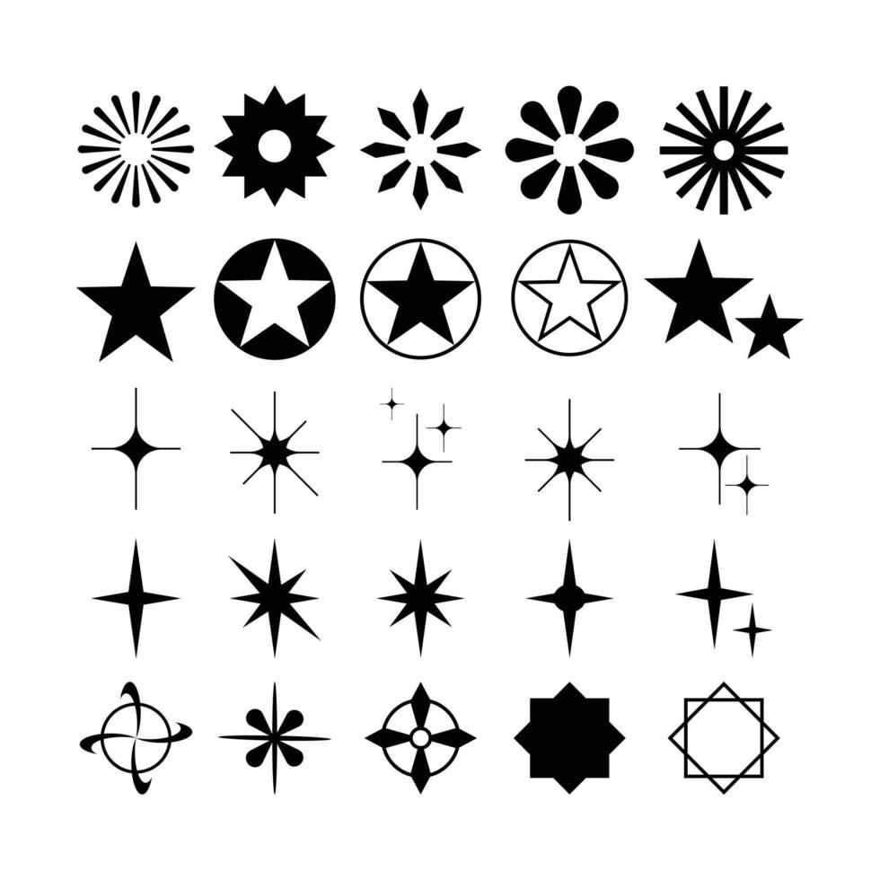 uppsättning stjärnikoner samling i olika stilar. olika former av stjärnor som är lämpliga för element som snöflingor, gnistrande föremål, dekoration etc. vektor