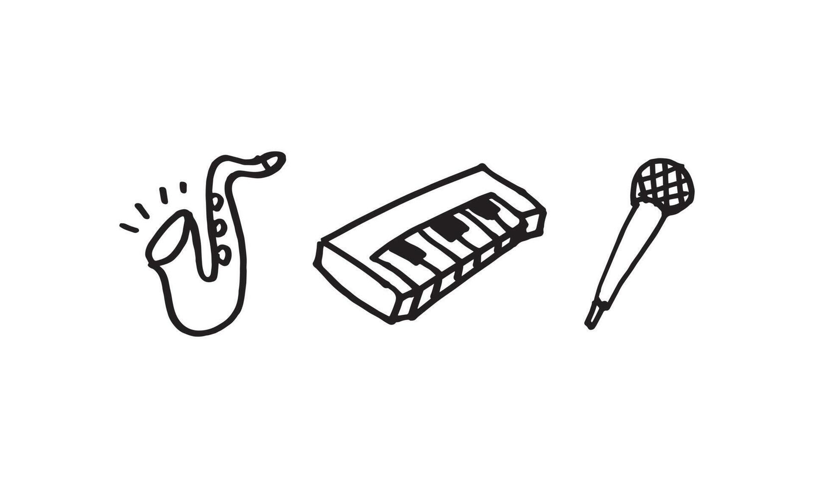 eine handgezeichnete Illustration von Musikinstrumenten und Geräten. Saxophon, Tastatur und Mikrofon. einfache Doodle-Symbolillustration im Vektor zum Dekorieren jedes Designs.