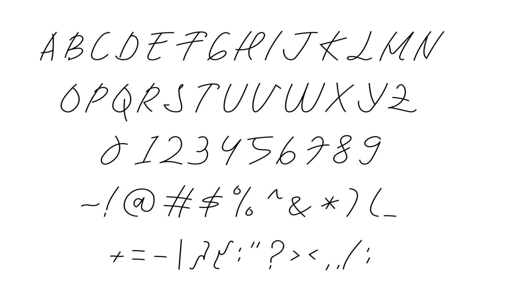 hand skriva teckensnitt i vektor design grafik. versaler och vanliga alfabet, numeriska och symboler bokstavsillustration för bok, anteckning, tidning, affisch, etc. modern handskriven typografi.