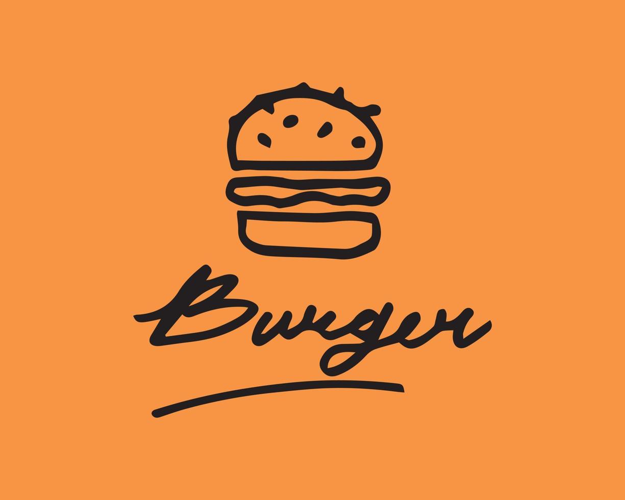 eine Burger-Illustration mit ihrer darunter liegenden Kalligraphie ist auf einem orangefarbenen Hintergrund gezeichnet. eine Vektorvorlage für Logo, Etikett, Aufkleber usw. vektor