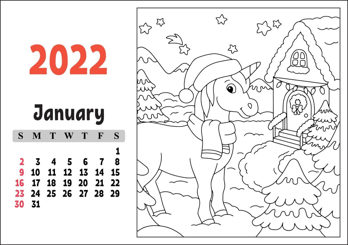 kalender för 2022 med en söt karaktär. fe enhörning. målarbok. rolig och ljus design. isolerade färg vektorillustration. tecknad stil. vektor