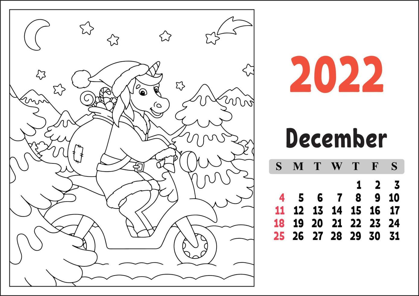 Kalender für 2022 mit einem süßen Charakter. feenhaftes Einhorn. Malvorlagen. Spaß und helles Design. isolierte Farbvektorillustration. Cartoon-Stil. vektor