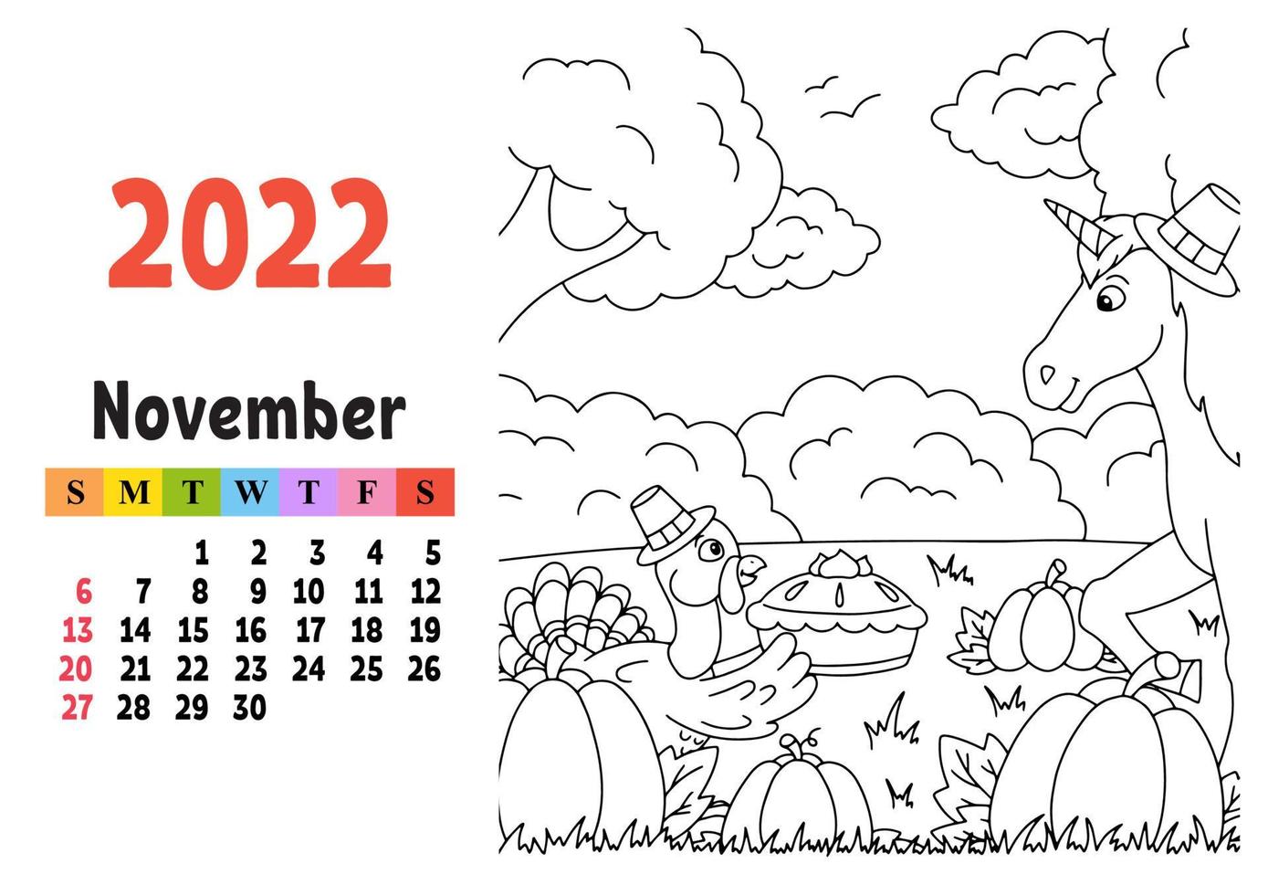 Kalender für 2022 mit einem süßen Charakter. feenhaftes Einhorn. Malvorlagen. Spaß und helles Design. isolierte Farbvektorillustration. Cartoon-Stil. vektor