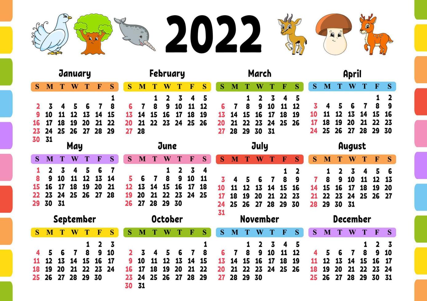 kalender för 2022 med en söt karaktär. rolig och ljus design. isolerade färg vektor illustration. tecknad stil.