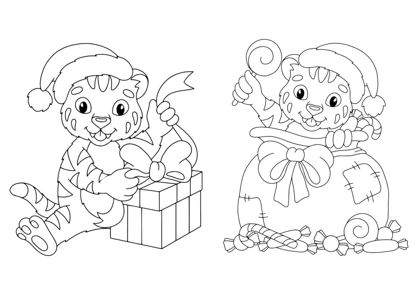 Set süßer Weihnachtstigerbabys mit Geschenken. Malbuchseite für Kinder. Zeichentrickfigur. Vektor-Illustration isoliert auf weißem Hintergrund. vektor