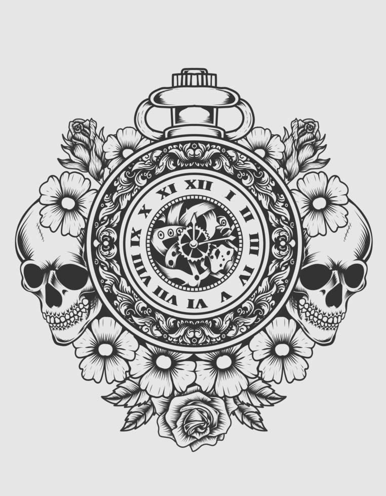 Abbildung Vektor antike Uhr mit Totenkopfblume