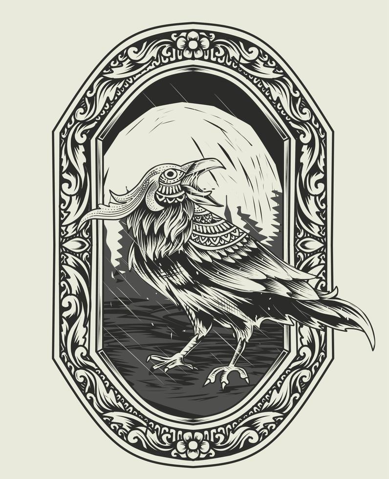 Illustration Vektor Krähe Vogel mit Vintage Gravur Ornament