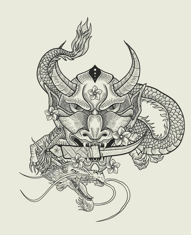 Illustrationsvektor-Oni-Maske mit Drachen vektor