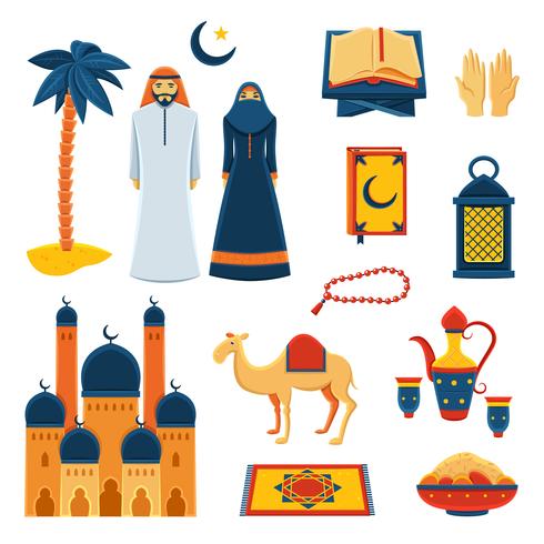 Islam religionen platt ikoner uppsättning vektor