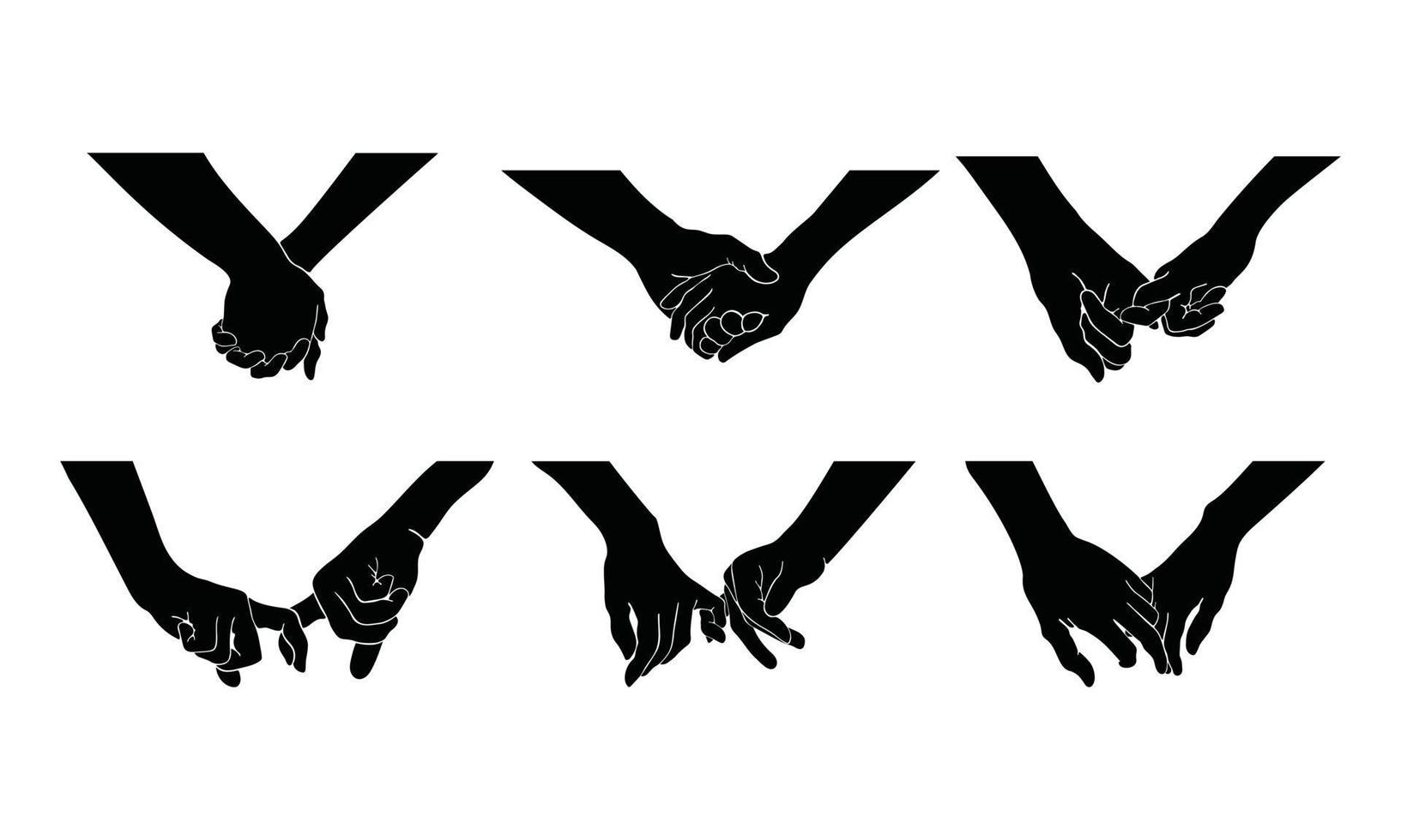 Hände eines Paares halten sich, was die Zusammengehörigkeit und Zuneigung bedeutet. eine Silhouettenillustration der Handbeziehung in einer einfachen Zeichnung. vektor