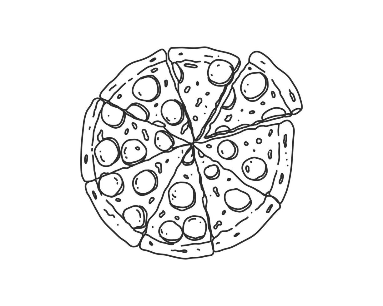 en handritad illustration av en italiensk pizza. en mat illustrerad i en disposition. ofärgad ritning av den västra skålen för dekorativa elementdesign. vektor