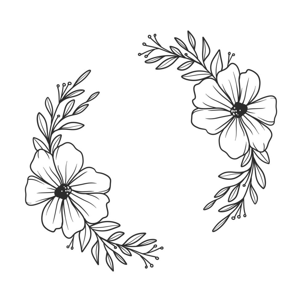 en handritad illustration av blomkrans. en vacker dekorativ ram för bröllopsinbjudan och bokstäver. en vintage vektor med blommor och blad prydnad.
