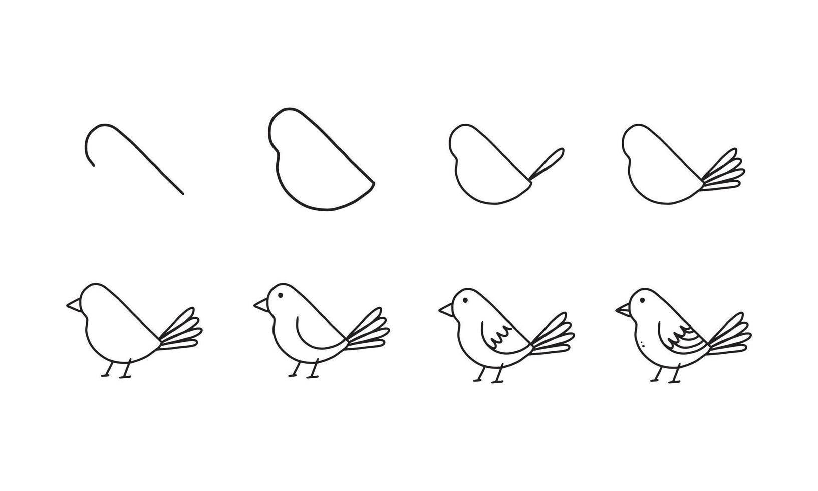 hur man ritar en söt fågel steg för steg. husdjur djur tecknad serie målarbok karaktär samling för barn. lätt rolig djurteckningsillustration för barnkreativitet. ritningsguidebok i vektordesign. vektor