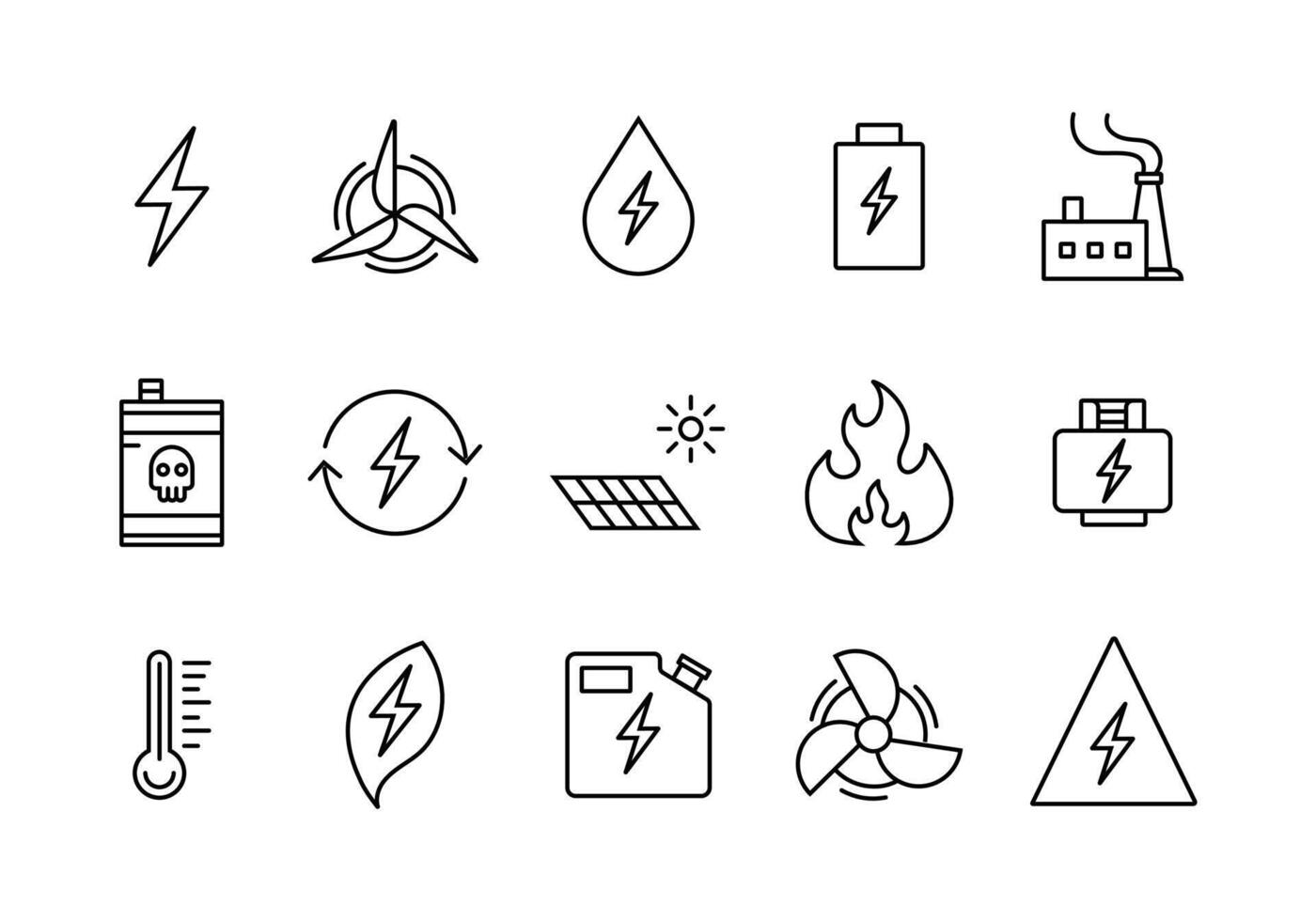 samling av olika ikoner relaterade till energikraftresurser. redigerbar strecklinje som är lämplig för ui ux-design av appar eller varningsaffisch. vektor