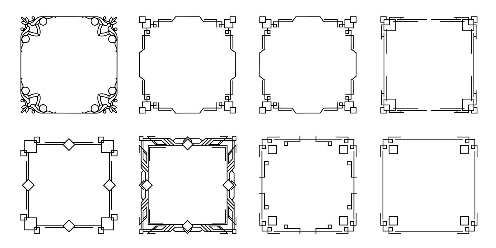 Satz einfacher quadratischer Rahmen mit einigen Ornamenten als Rand. Sammlungssatz des schwarzen Umrissrahmens auf Weiß zum Dekorieren von Design, Karte, Einladung usw. vektor