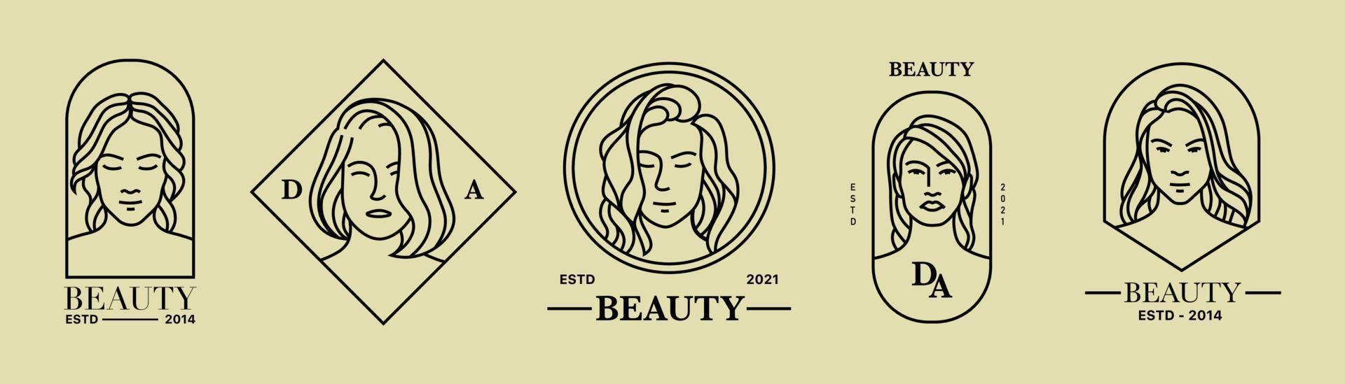 bearbeitbare Strichliniensammlung des Mädchenabzeichens im schwarzen Monoline-Stil. einfache Logo-Ideen für Hautpflege, Make-up, Beauty-Studio usw. vektor