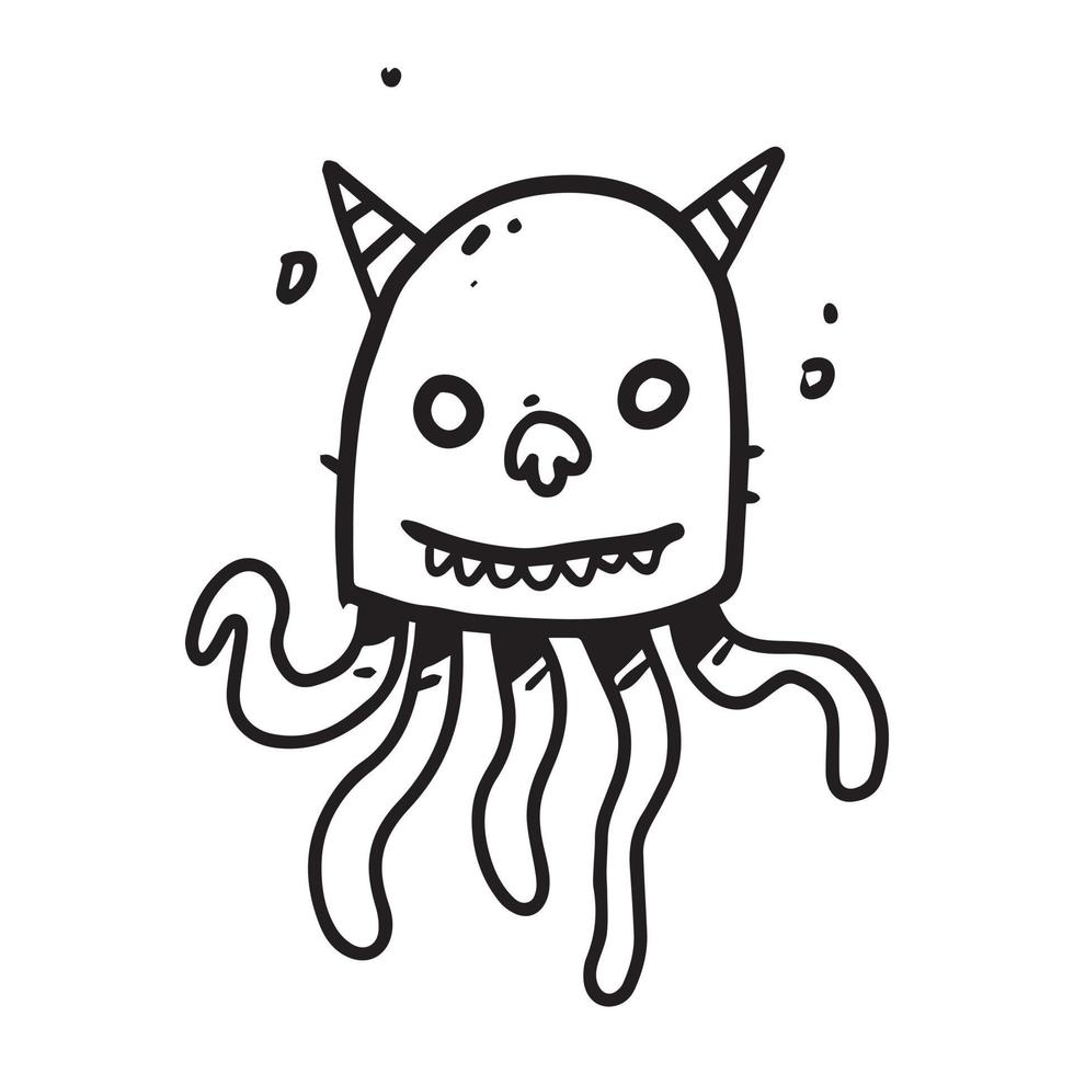 eine handgezeichnete Illustration eines lächelnden Monsters mit Hörnern. Süße Doodle-Cartoon-Zeichnung eines Fantasy-Charakters im ungefärbten Stil. ein lustiges Elementdesign. vektor
