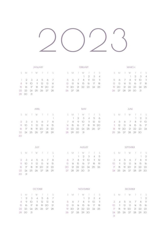 2023 kalender personlig planerare dagbok mall i klassisk strikt stil. månadskalender individuellt schema minimalism återhållsam design för företagsnotebook. veckan börjar på söndag vektor