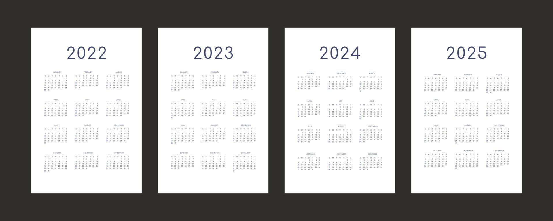 2022 2023 2024 2025 Kalender individuelle Zeitplanvorlage im minimalistischen trendigen Stil. Woche beginnt am Sonntag vektor