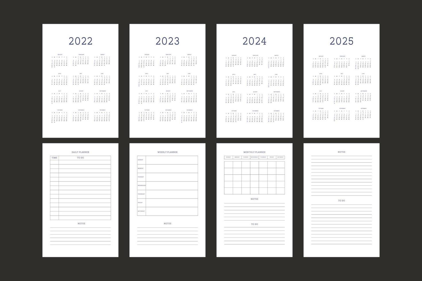 2022 2023 2024 2025 kalender och daglig veckovis månatlig mall för personlig planerare. månadskalender individuellt schema minimalistisk design för företagsnotebook vektor