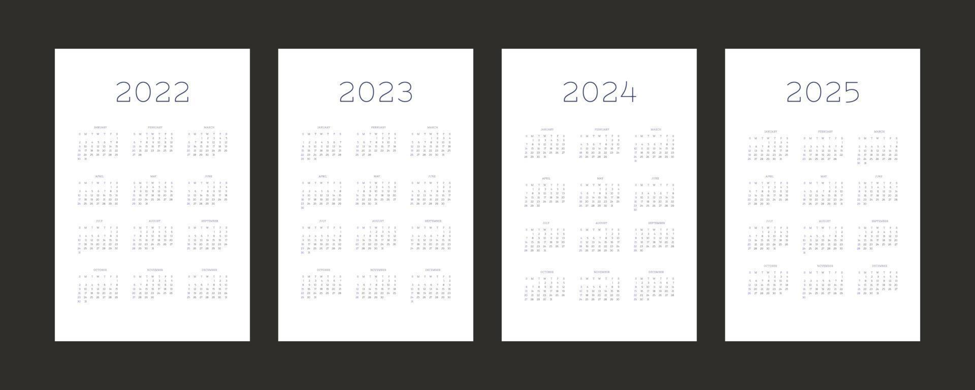 2022 2023 2024 2025 kalendermall för individuellt schema i minimalistisk trendig stil. veckan börjar på söndag vektor