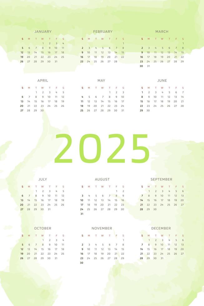 2025 kalendermall på chartreuse grön bakgrund med handritade akvarellpenseldrag. vertikal kalenderdesign för tryck och digital. veckan börjar på söndag vektor