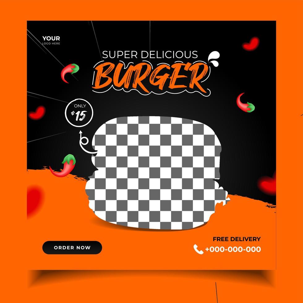 Vorlage für Social-Media-Beiträge für Lebensmittel. Bearbeitbares Social-Media-Banner für Lebensmittel. Burger-Fast-Food-Vorlagen vektor
