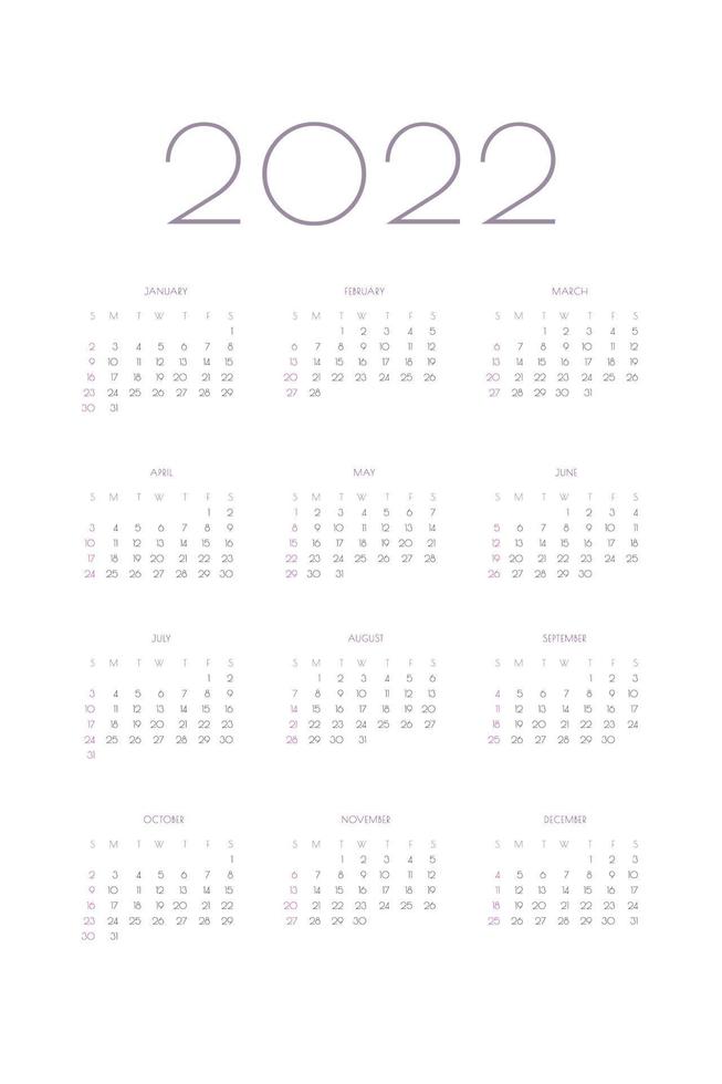 2022 Kalendervorlage Individueller Planer im minimalistischen klassischen Stil. Woche beginnt am Sonntag vektor