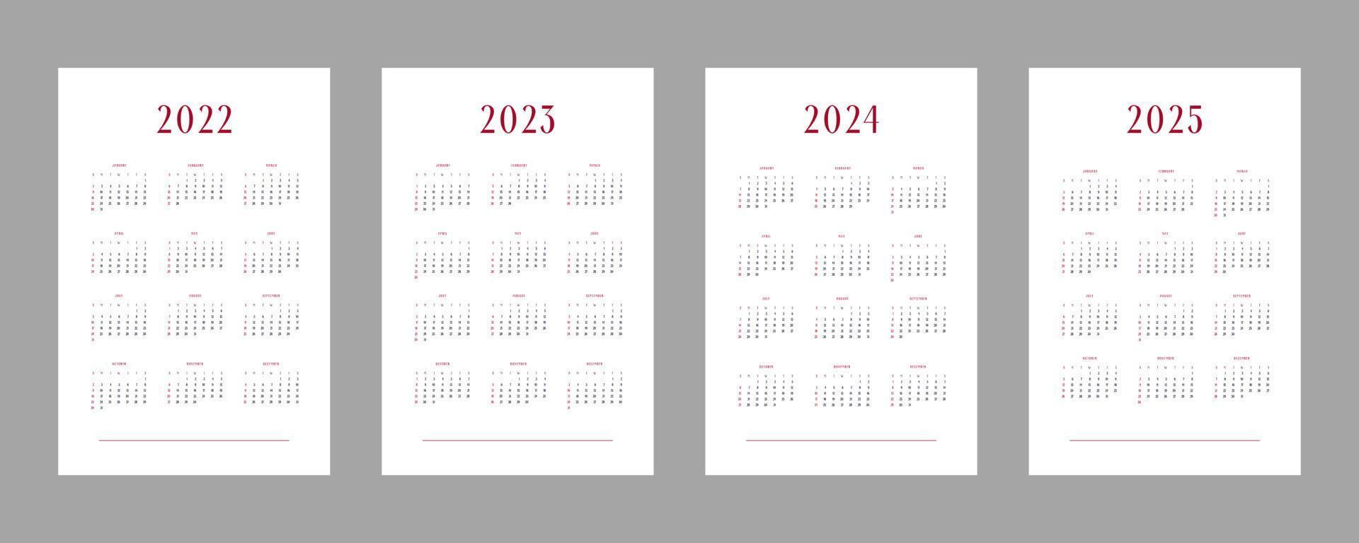 2022 2023 2024 2025 kalendermall för individuellt schema i minimalistisk trendig stil. veckan börjar på söndag vektor