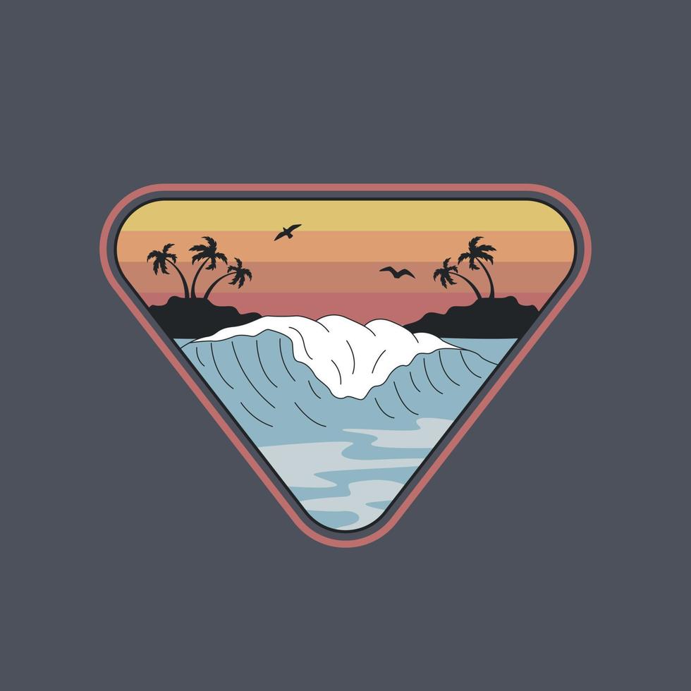 Patch mit einem Bild von Meer, Wellen und Palmen am Sonnenuntergangshimmel. Retro-handgezeichneter Vektor. für Drucke auf T-Shirts, Postern und anderen Zwecken. vektor