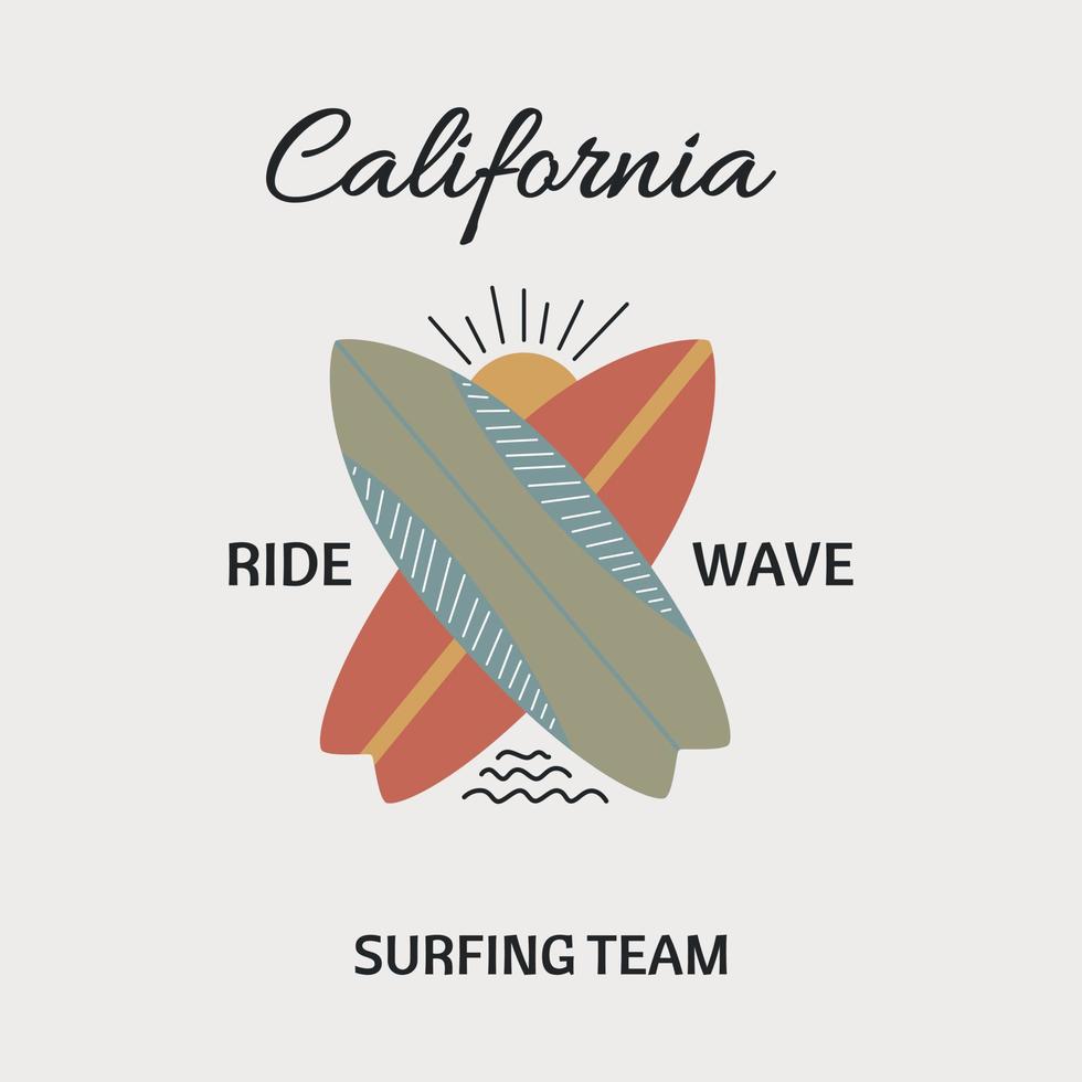 surfbrädor och inskriptionen california. retro handritad vektor. för tryck på t-shirts, affischer och andra ändamål. vektor