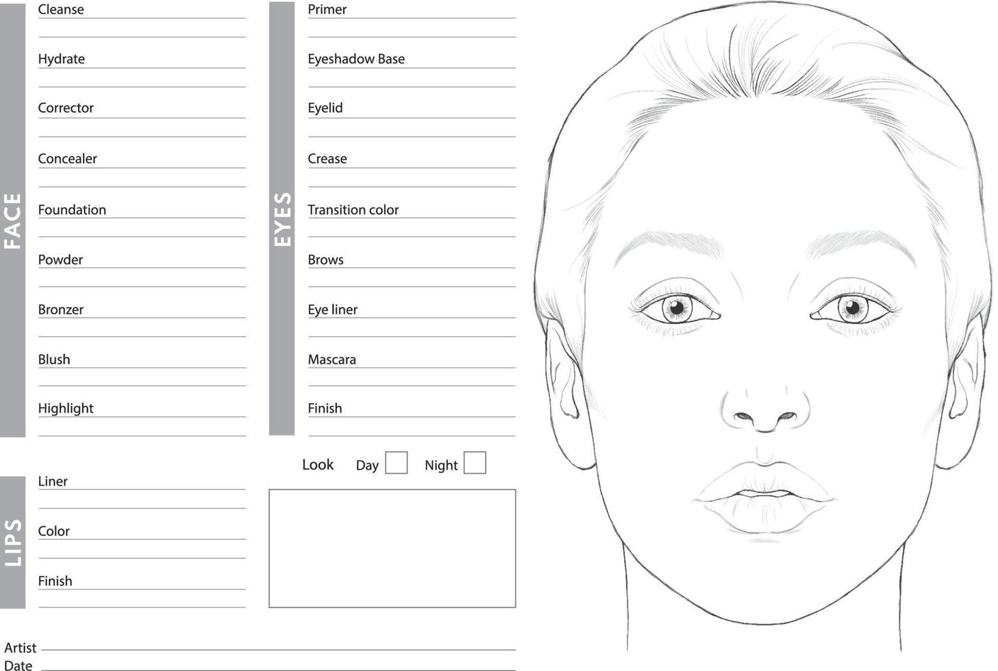 skönhet ansikte diagram för makeup med handritad kvinna ansikte vektor