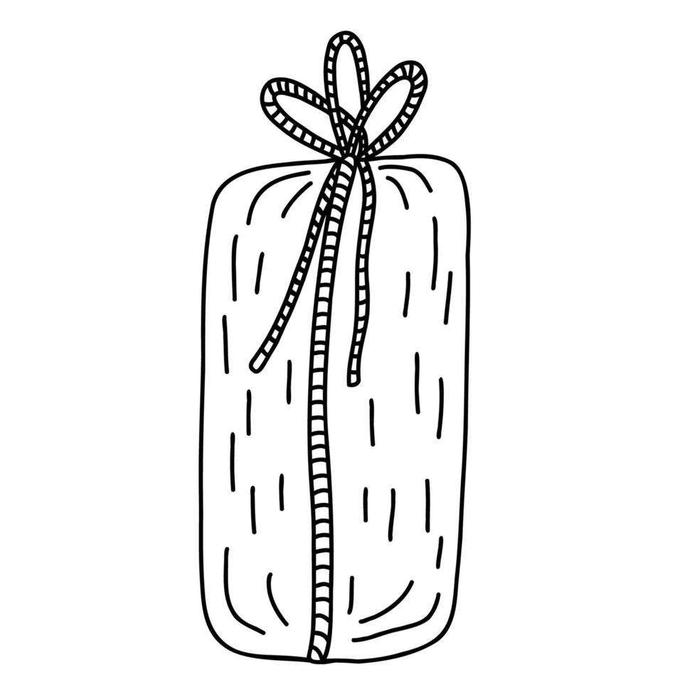 Geschenkbox fest mit Bandseil. Doodle Cartoon-Vektor-Illustration von Weihnachten oder Geburtstagsgeschenk. handgezeichnete Skizze isoliert auf weißem, schwarzem Umriss. vektor