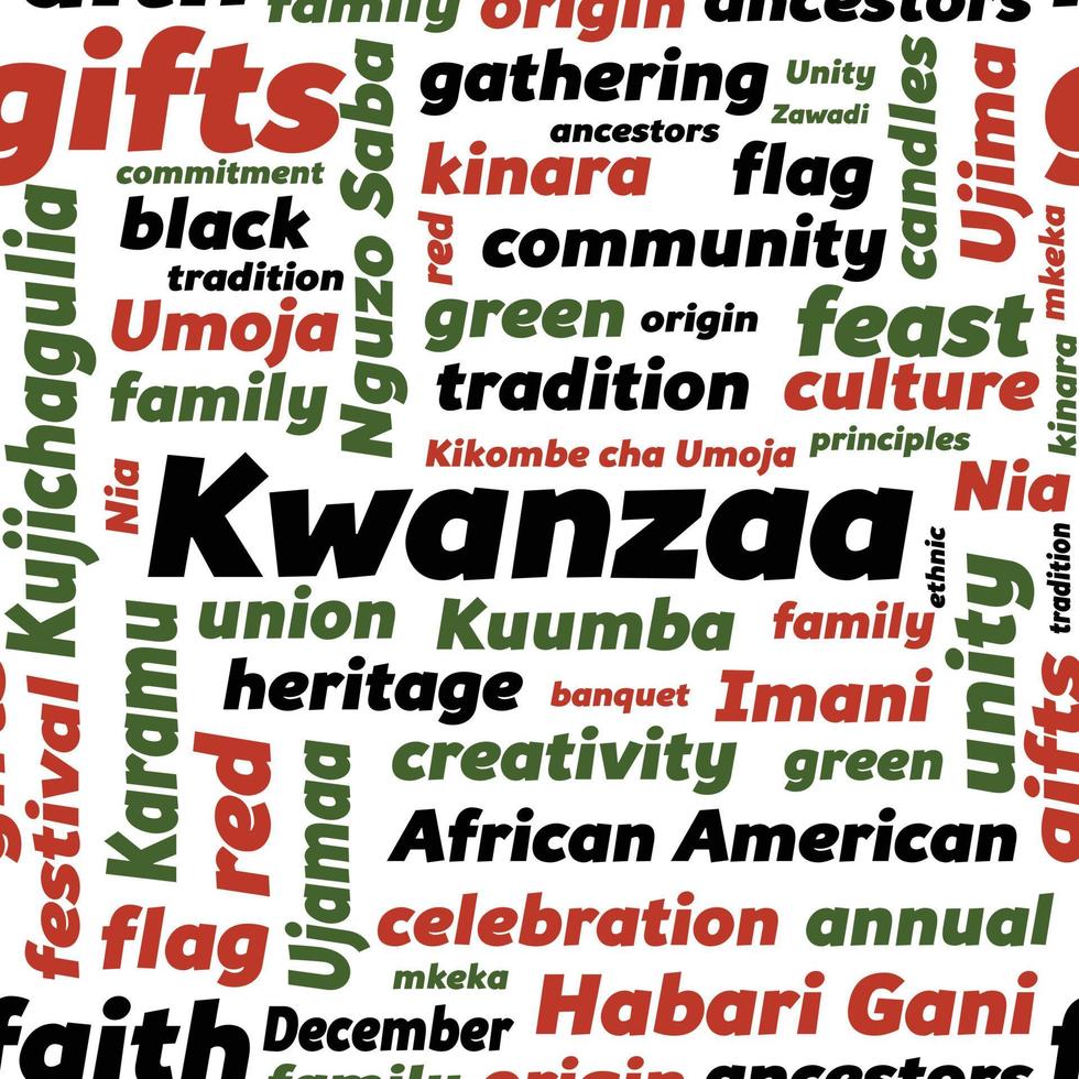 sömlösa mönster med kwanzaa ordmoln. vektor bakgrund med principer och villkor för kwanzaa firande - afrikansk amerikansk arv semester.