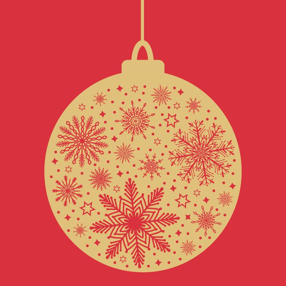 christmas ball grannlåt, dekoration gyllene glödlampa bubbla siluett med snöflingor och snö på röd bakgrund. söt nyår vinter semester ClipArt, designelement för gratulationskort, inbjudan, banner vektor