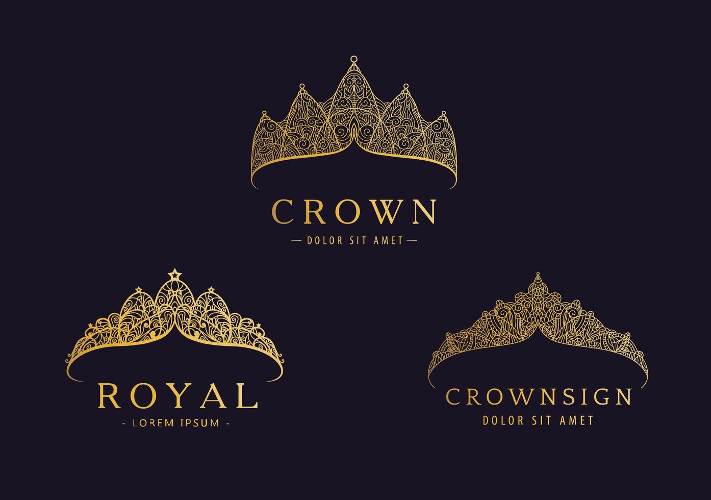 vektor uppsättning abstrakt lyx, kungliga gyllene företagets logotyp ikon design. elegant krona, tiara, diadem premium symbol. handritade spetssmycken, arabiska, restaurang, hotelllogotyp.