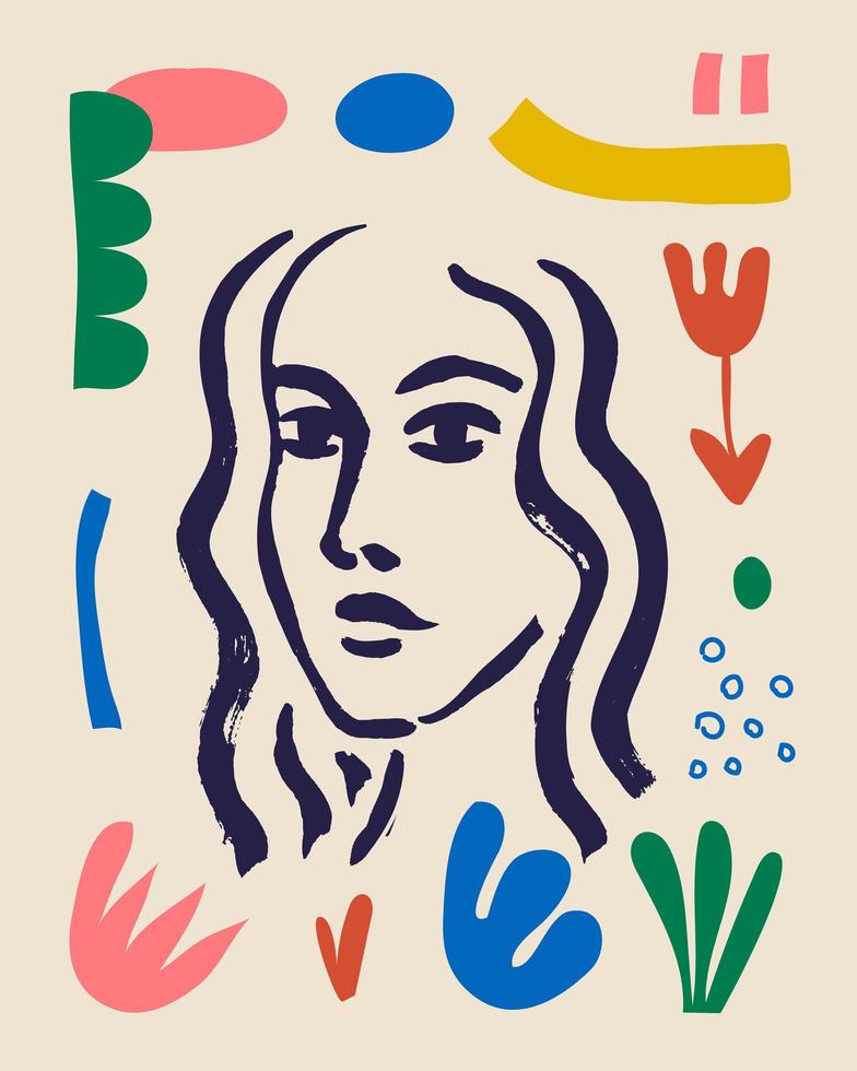 Vektor Frau Kunstplakat. Matisse inspiriertes handgezeichnetes zeitgenössisches Porträt für Druckwand-Kunstdekor, Retro-Stil. abstrakte Collagenformen.