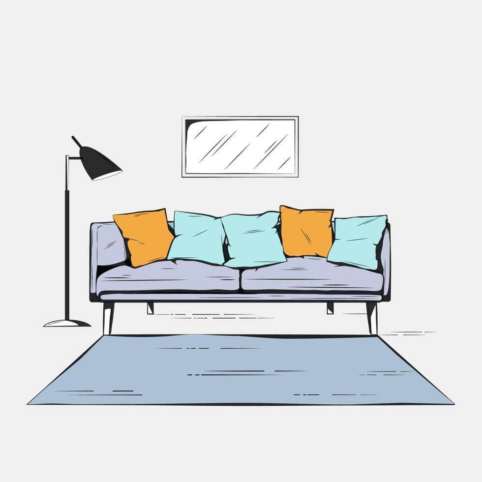 interiör färgad, handritning, soffa med golvlampa vektor