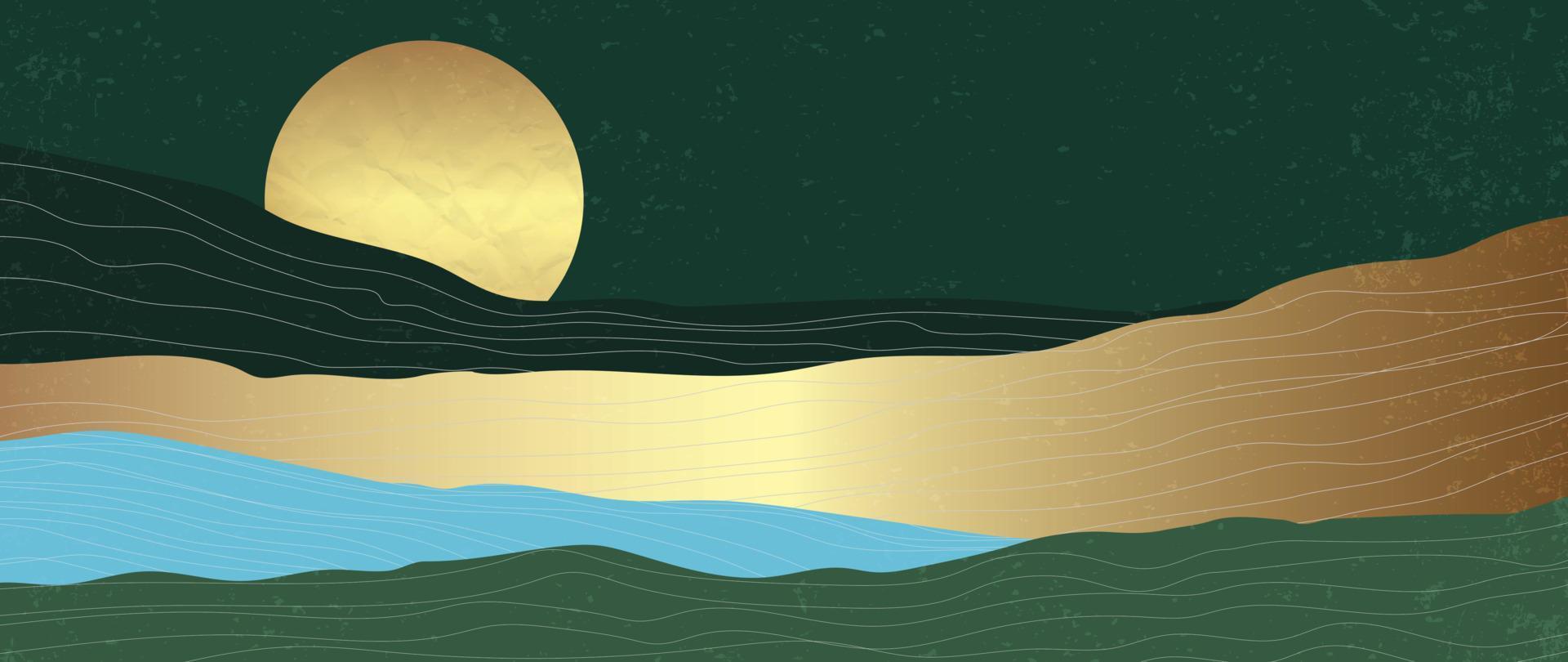 goldene, grüne und blaue Berge, luxuriöses Tapetendesign mit goldenem Mond vektor