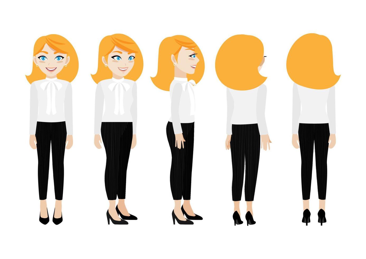 Zeichentrickfigur mit Geschäftsfrau. vorne, seitlich, hinten, 3-4 animierte Charaktere. flache Vektorillustration. vektor