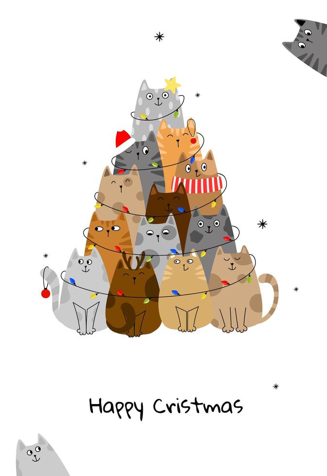 Weihnachtsbaum mit Katzen. Doodle-Cartoon-Stil. vektor