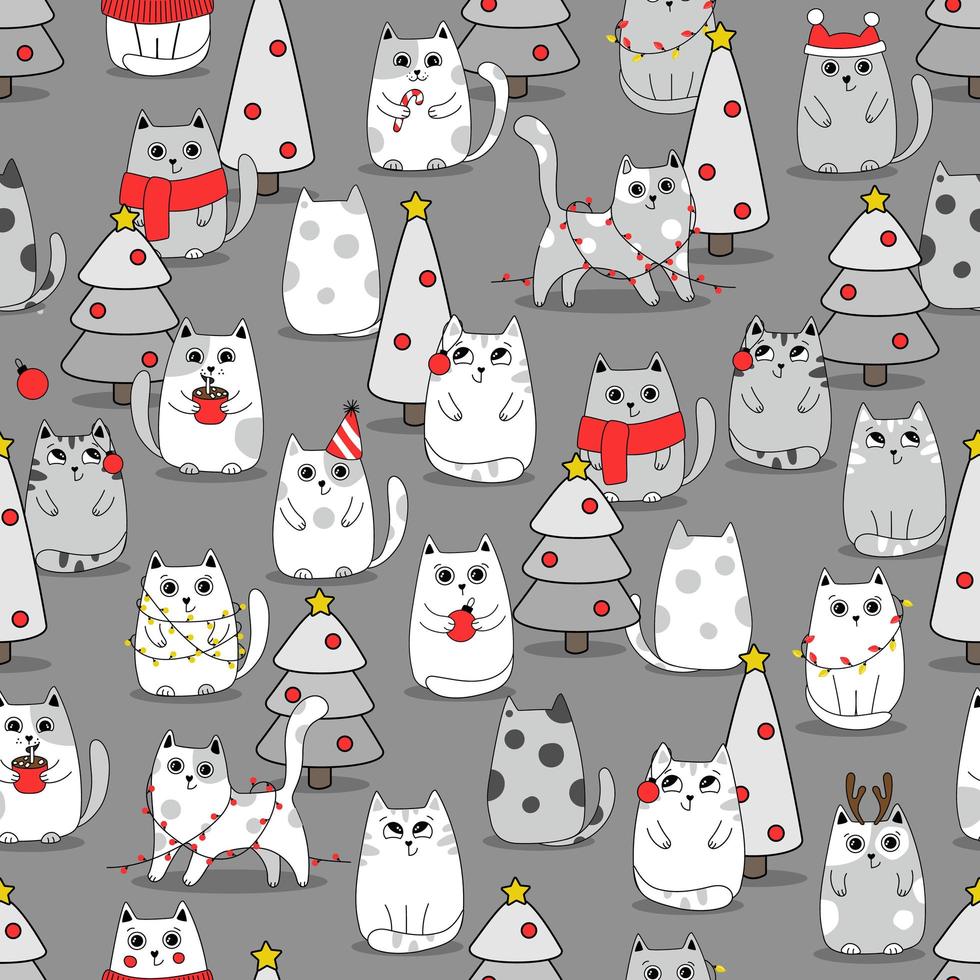 jul seamless bakgrund söta kattungar i snö för vintern. doodle stil vektor