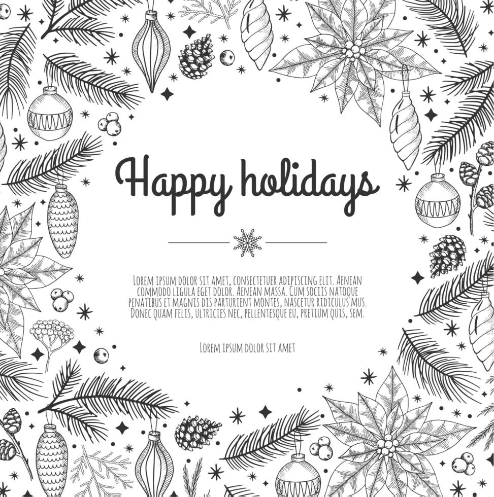frohe weihnachten und ein glückliches neues jahr grußkarte. Weihnachtsfeiertagshintergrund mit Tannenbaum, Schneeflocken, Bällen. vektor