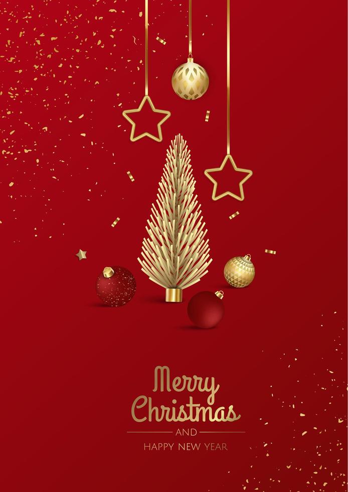 Frohe Weihnachten und ein glückliches neues Jahr Urlaub Illustration. Weihnachtsdesign mit realistischen Vektor-3D-Objekten, goldener Weihnachtskugel, Schneeflocke, Glitzergoldkonfetti. vektor